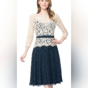 Tadashi Shoji Cream and Navy Lace Midi Dress